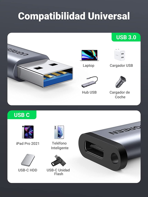 Adaptador UGREEN USB 3.0 a USB-C 3.1 Tipo C - Carga Rápida y Transferencia de Datos 5 Gbps - Imagen 13
